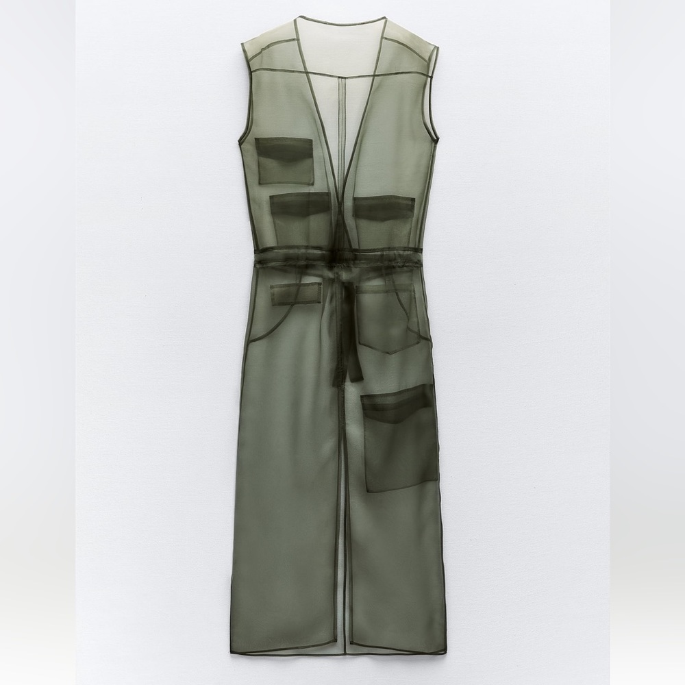 Zara Olive Sheer Sleeveless Tie-Waist Midi Dress - Picture 2 of 5